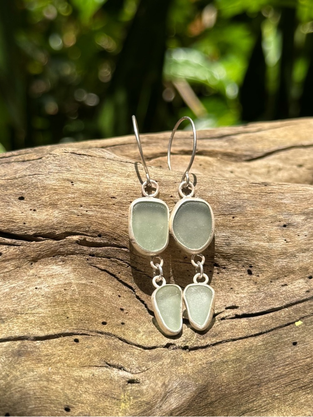 Double Aqua sea glass Handmade sterling silver drop earrings - Picture 3 of 7